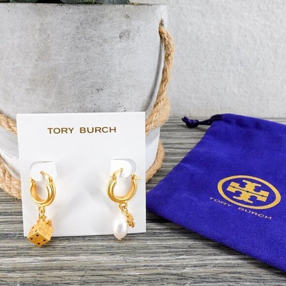 Tory Burch Women's Kira Charm Mismatched Drop Earrings in Rolled Brass Gold OS - Picture 4 of 12